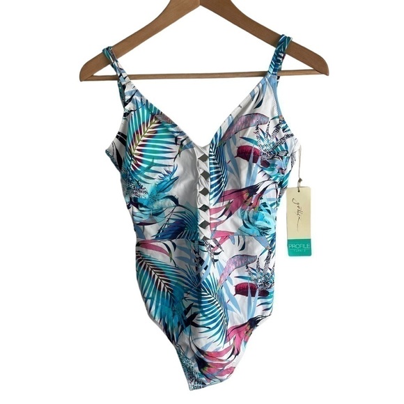 Profile by Gottex White Blue Floral Cut Out One Piece 14 Swimsuit - Picture 1 of 7